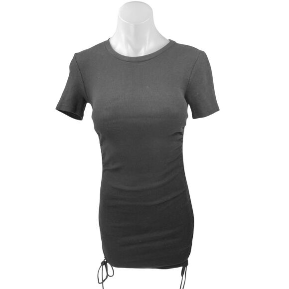 Zara Black Short Sleeve Ribbed Knit Crew Neck Side Ruched Mini Bodycon Dress S - Picture 1 of 4